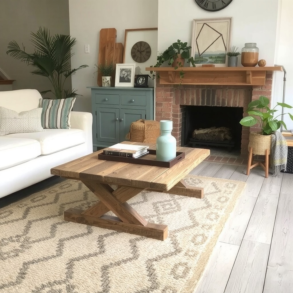 Natural fiber rug and reclaimed wood coffee table