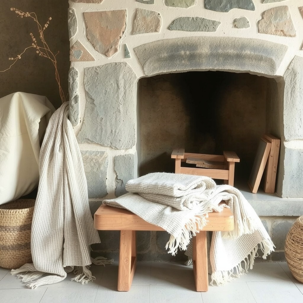 Stone fireplace with natural fiber throw blankets