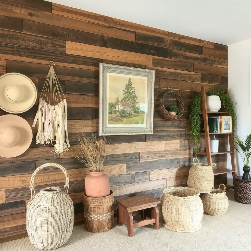 Reclaimed wood wall with vintage decor