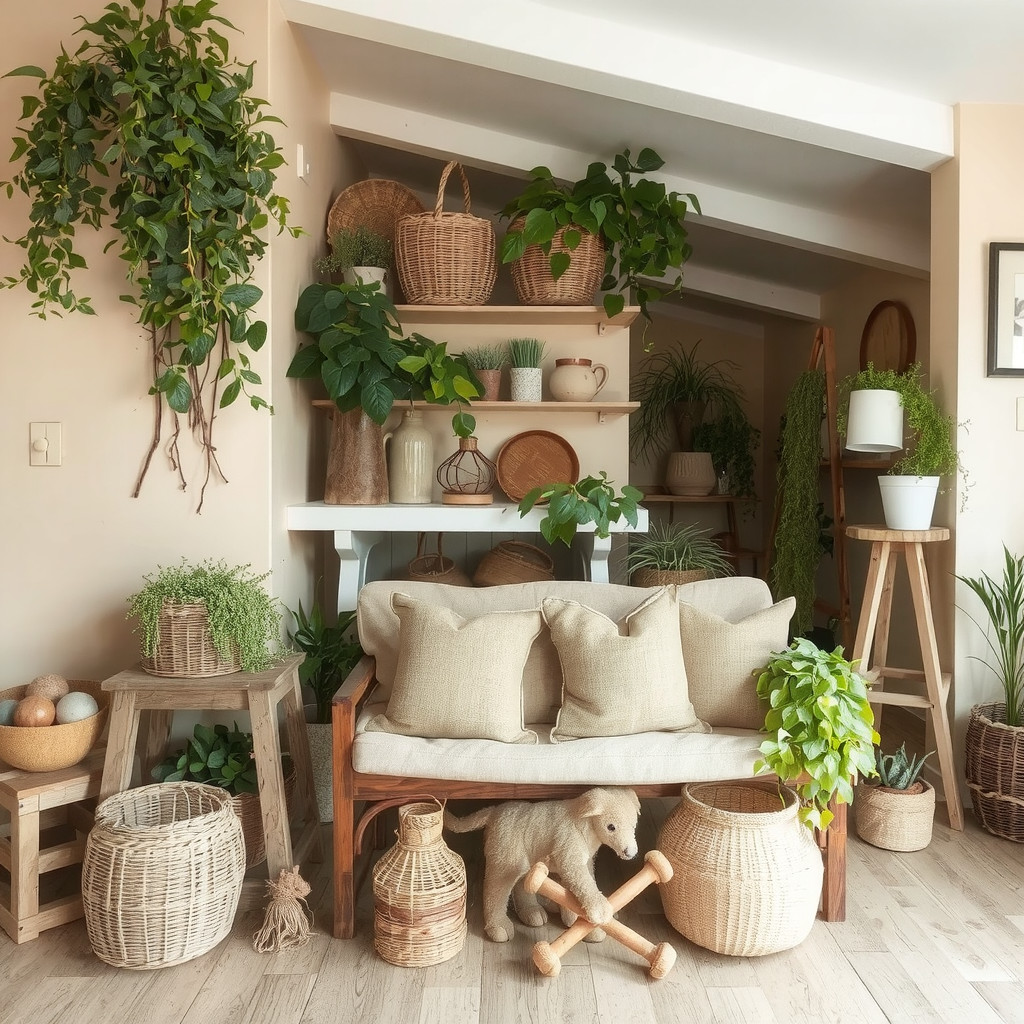 Earthy home decor with natural materials and greenery