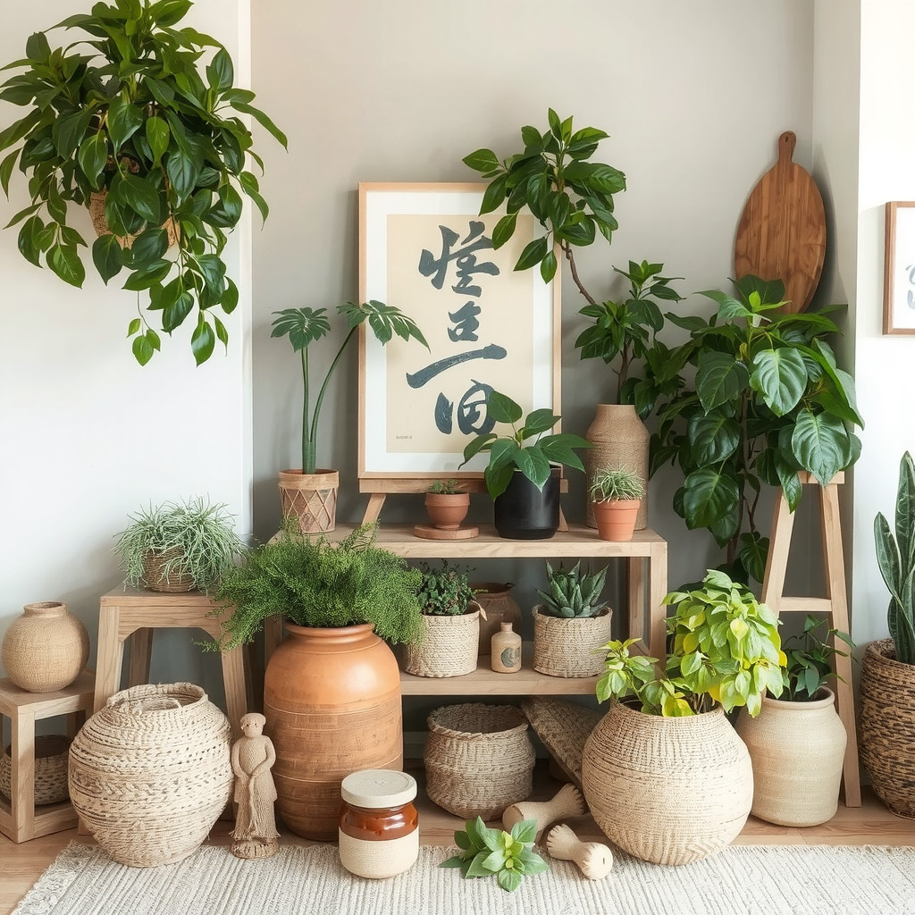 Earthy home decor with plants and greenery