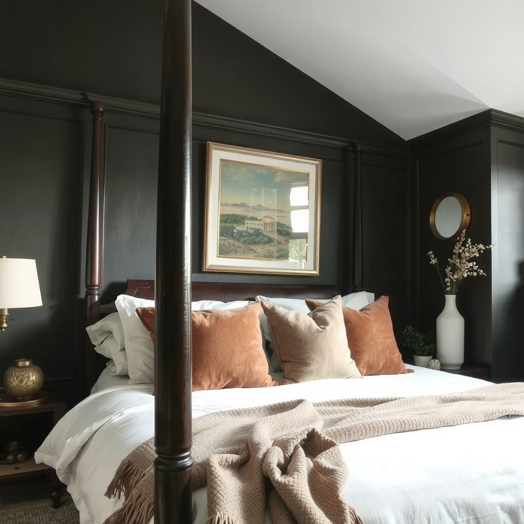 A bedroom with a dark wood bed frame and velvet throw pillows