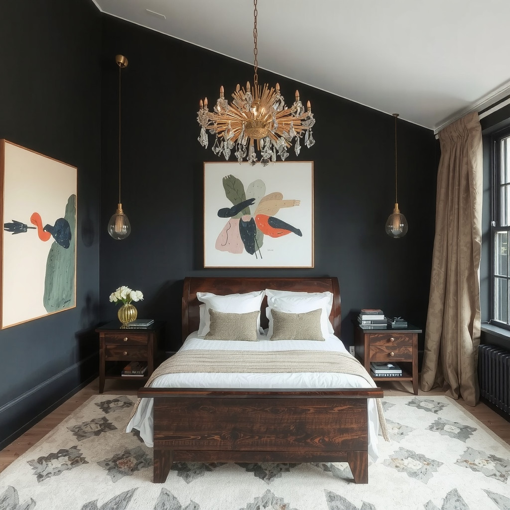 A moody bedroom with a large piece of abstract art and a show-stopping light fixture
