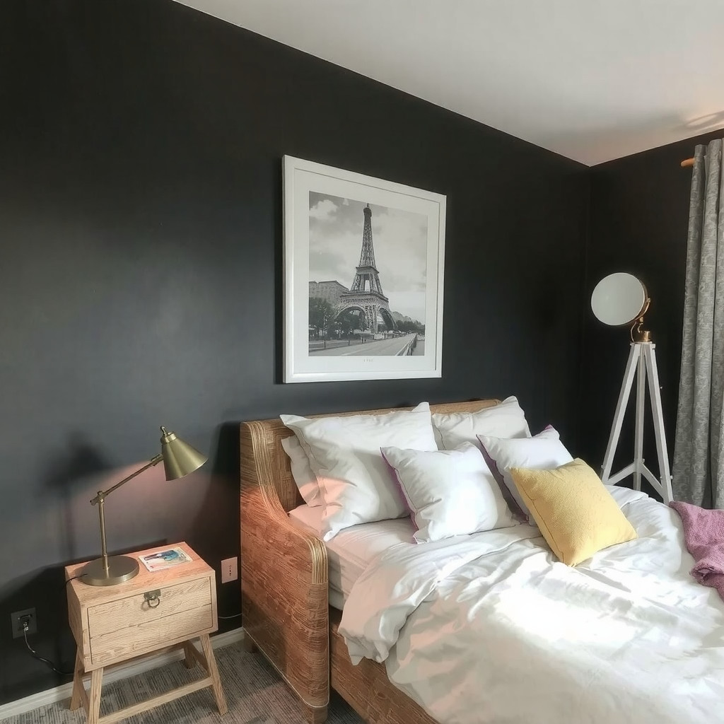 A bedroom with a table lamp and a floor lamp