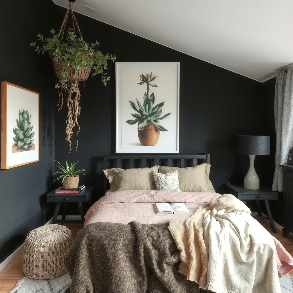 A moody bedroom with a succulent garden