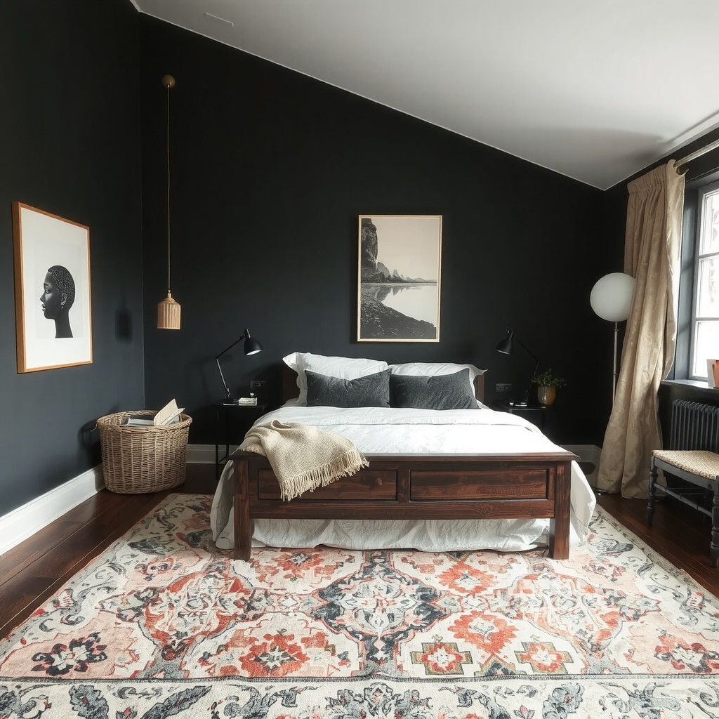 A moody bedroom with a statement rug