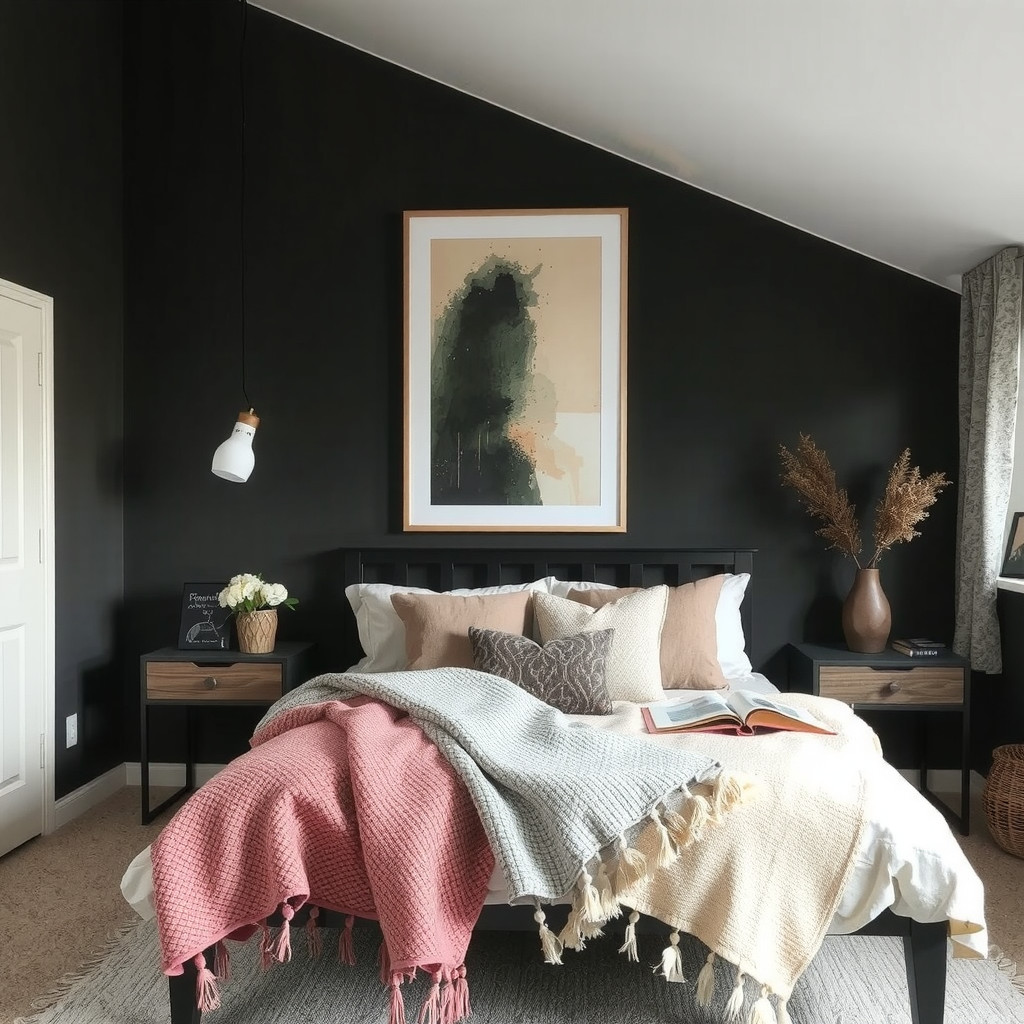 A moody bedroom with cozy throw blankets and pillows