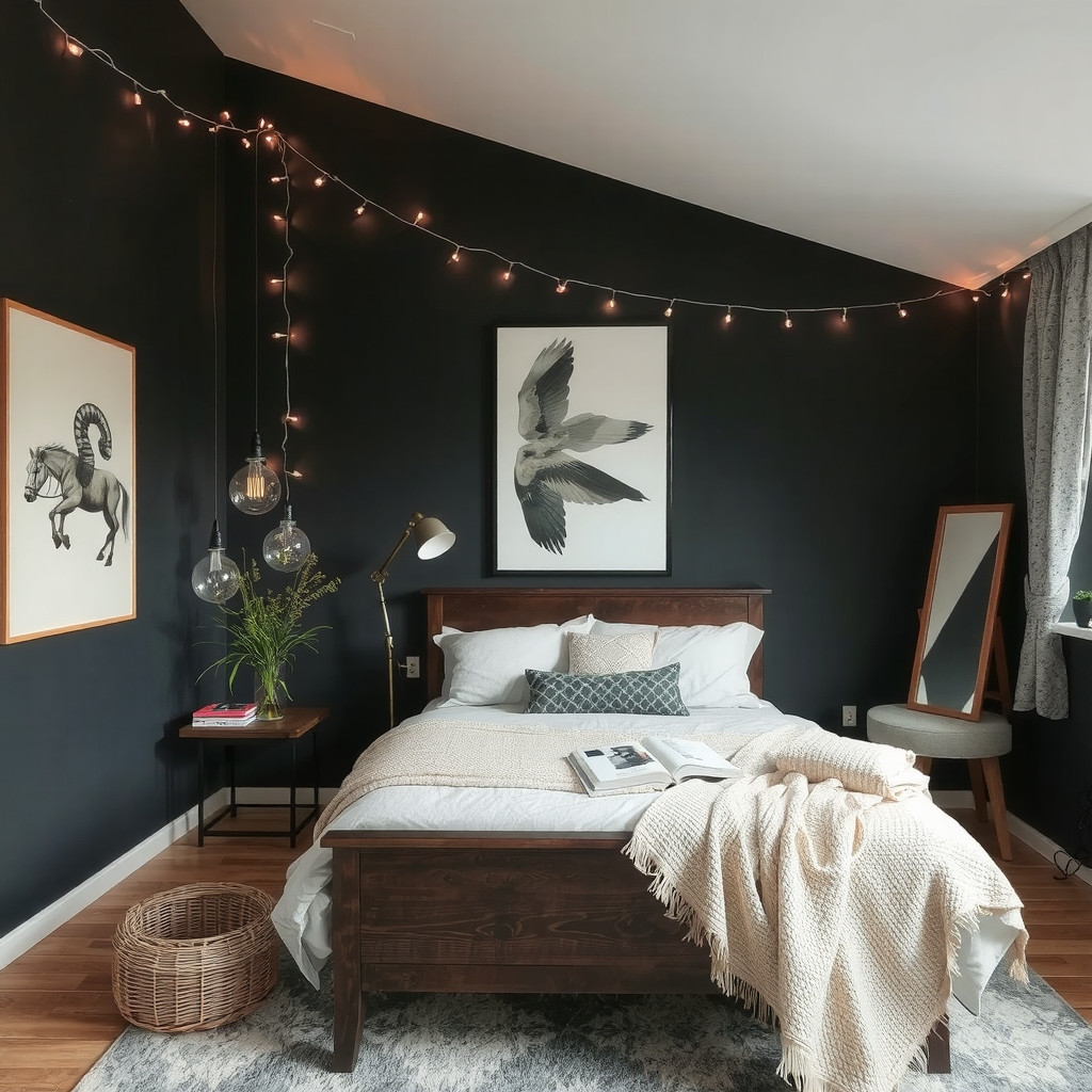 A moody bedroom with string lights