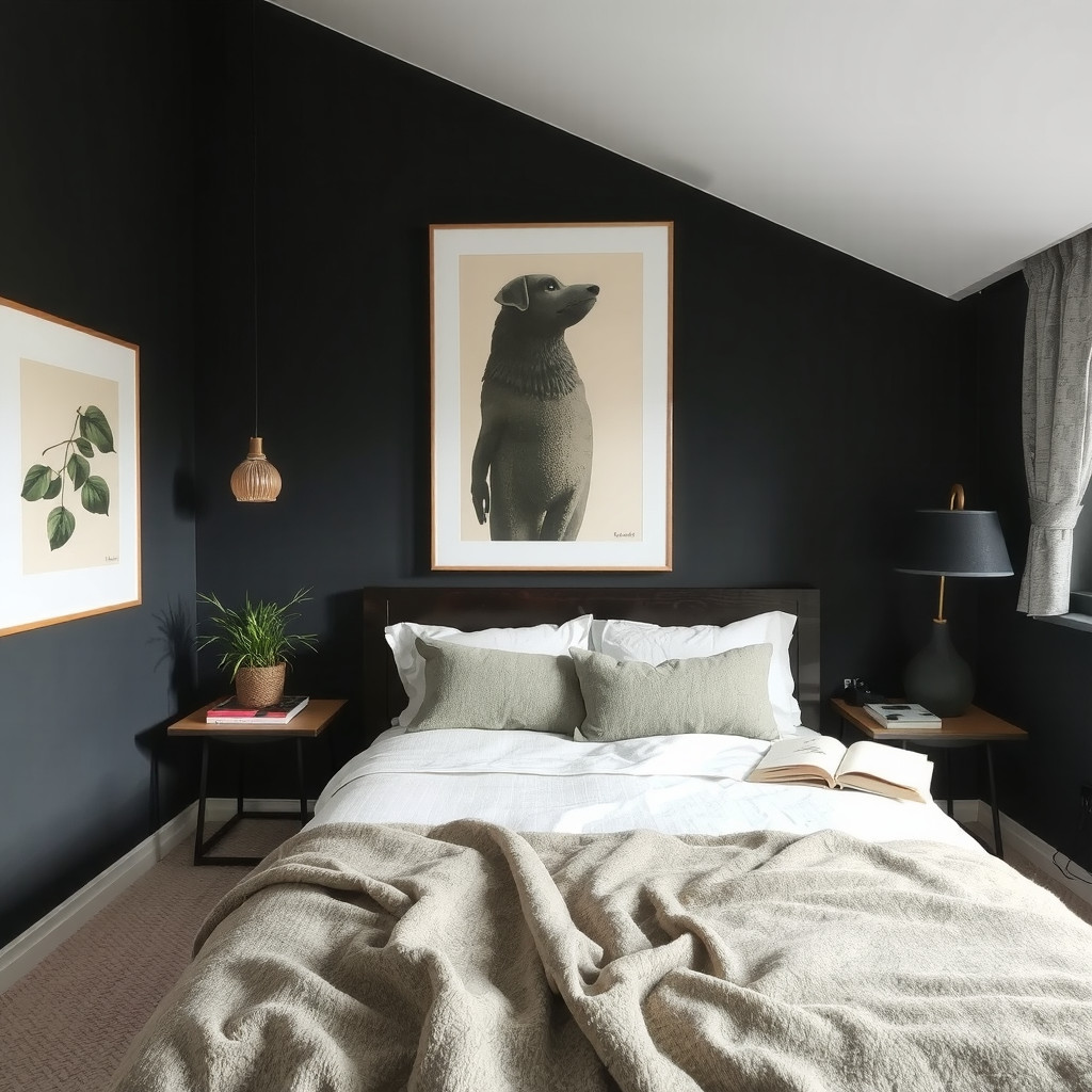 A moody bedroom with a small potted plant