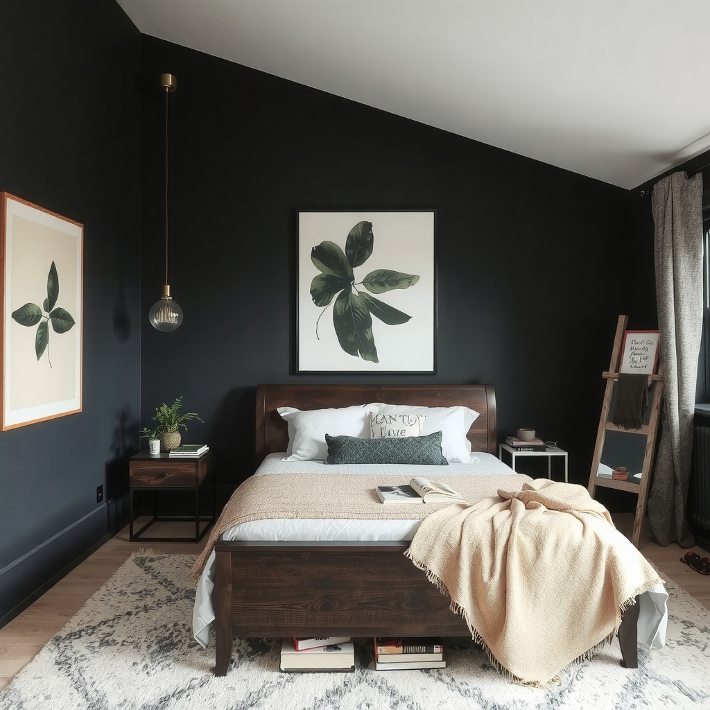 A moody bedroom with a room divider