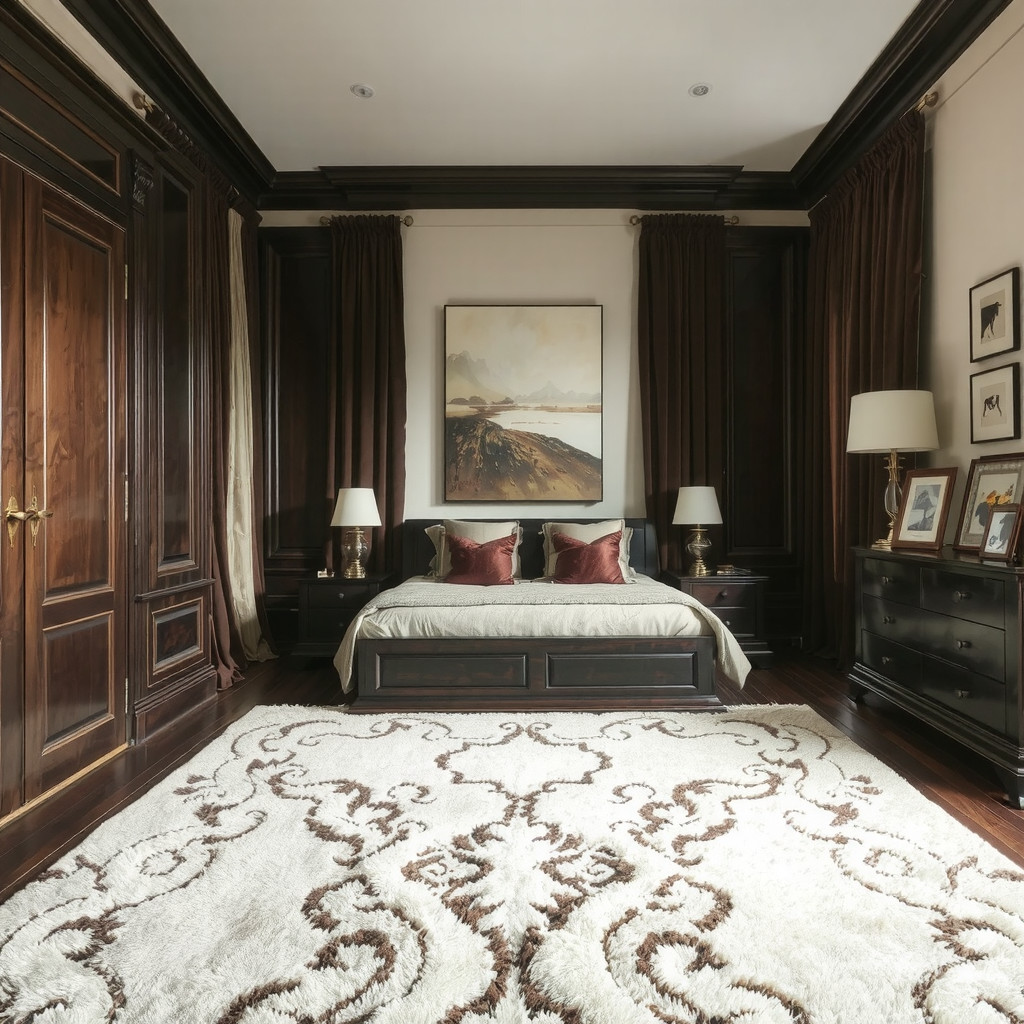 A bedroom with a large, plush area rug and a bed placed away from the door