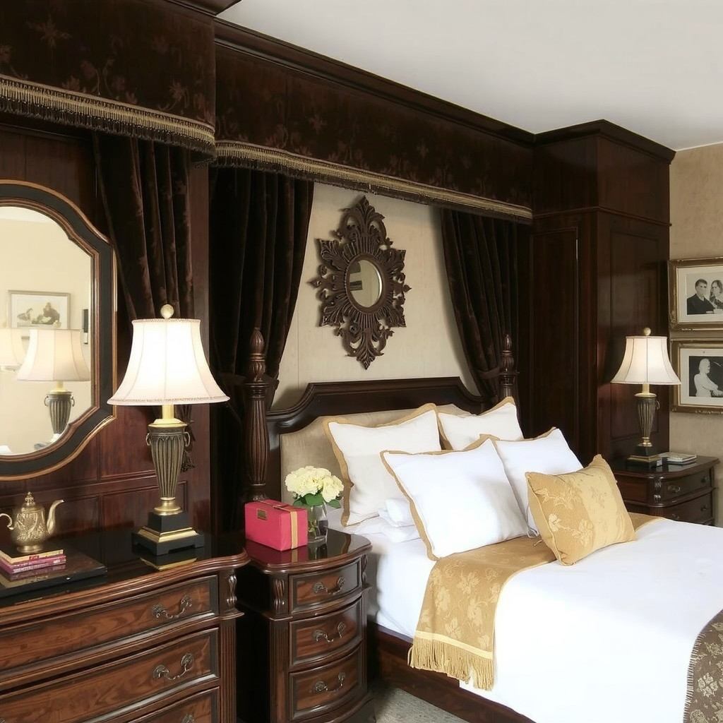 A bedroom with dark, rich wood furniture and heavy, velvety curtains