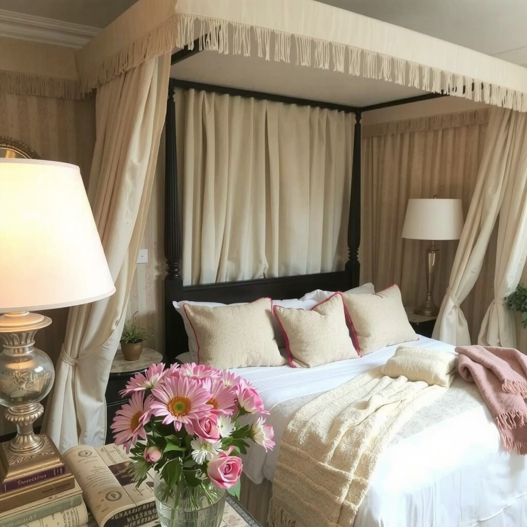 A bedroom with a statement piece of artwork above the bed