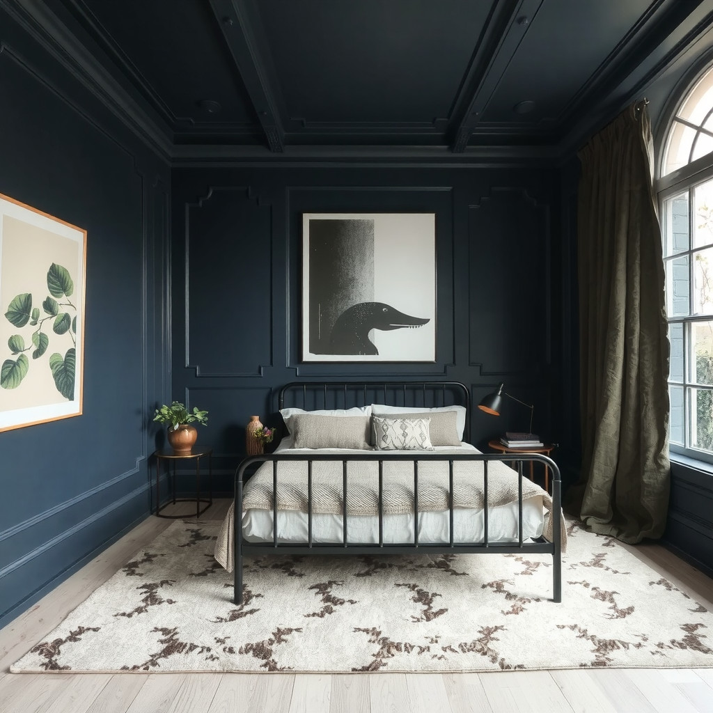 A bedroom with a small potted plant on the nightstand