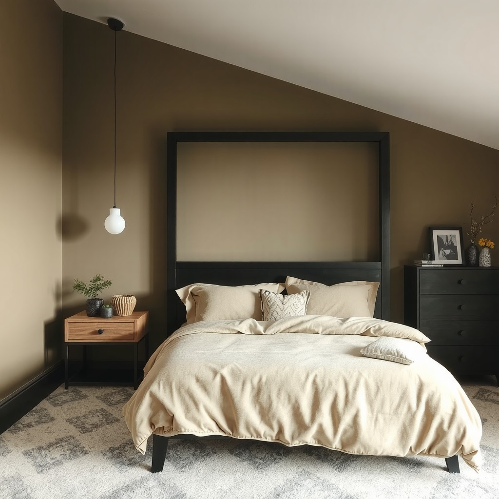 A dark bedroom with a dark wood bed frame and a light-colored headboard