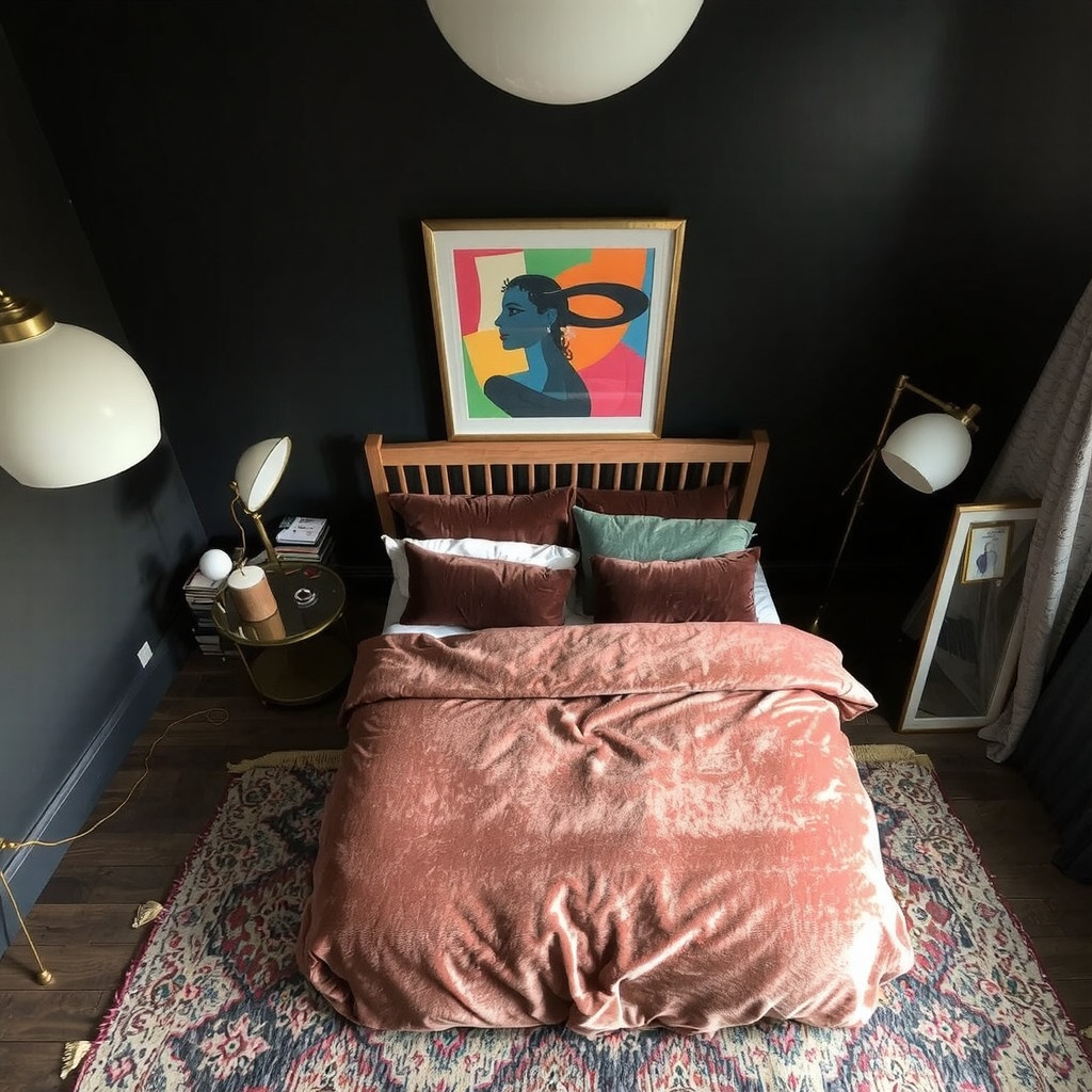 A dark bedroom with a velvet duvet cover and a natural wood headboard