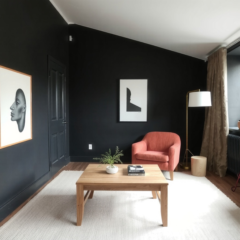 A dark bedroom with a bold-colored armchair and a floor lamp