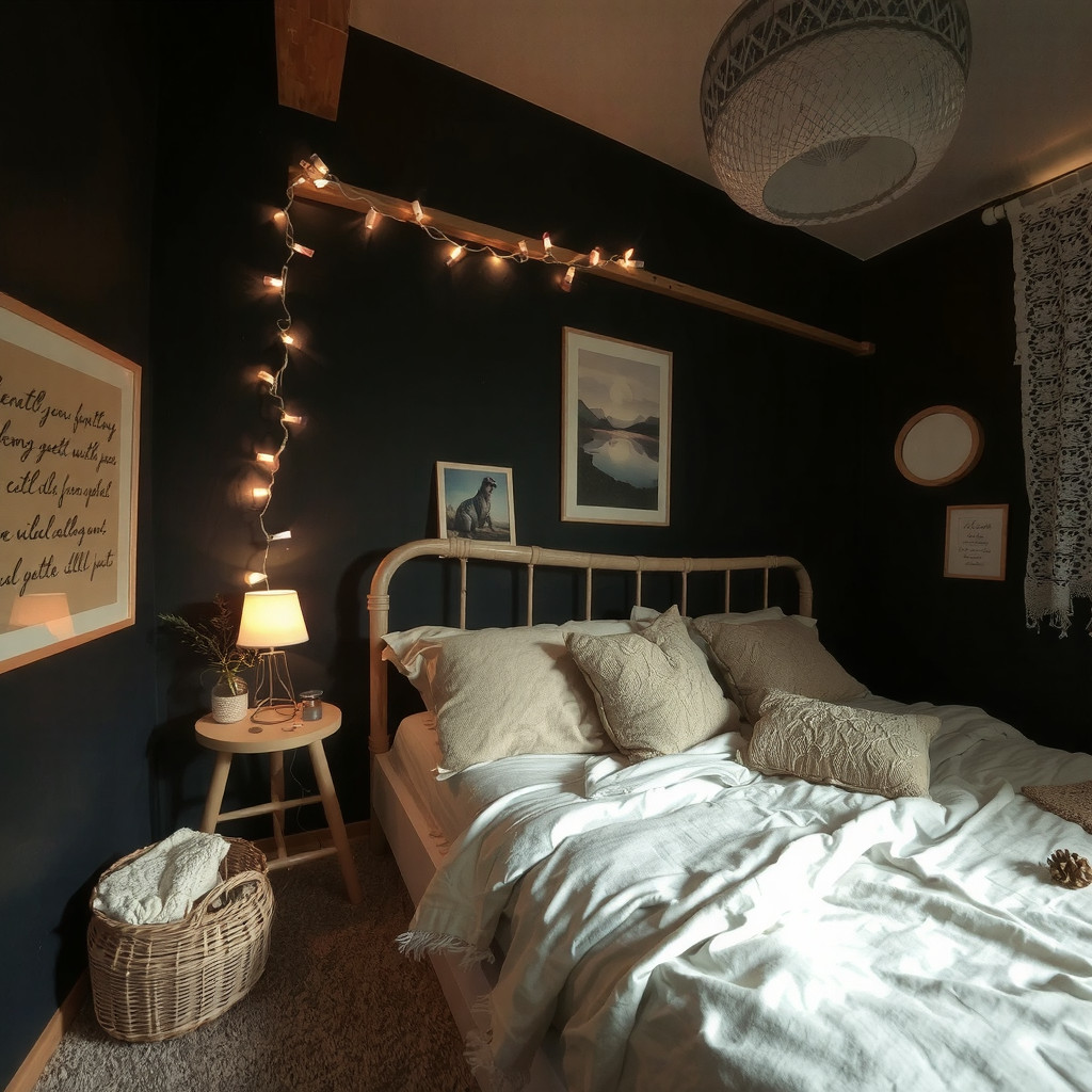 A dark bedroom with a string of fairy lights and a table lamp