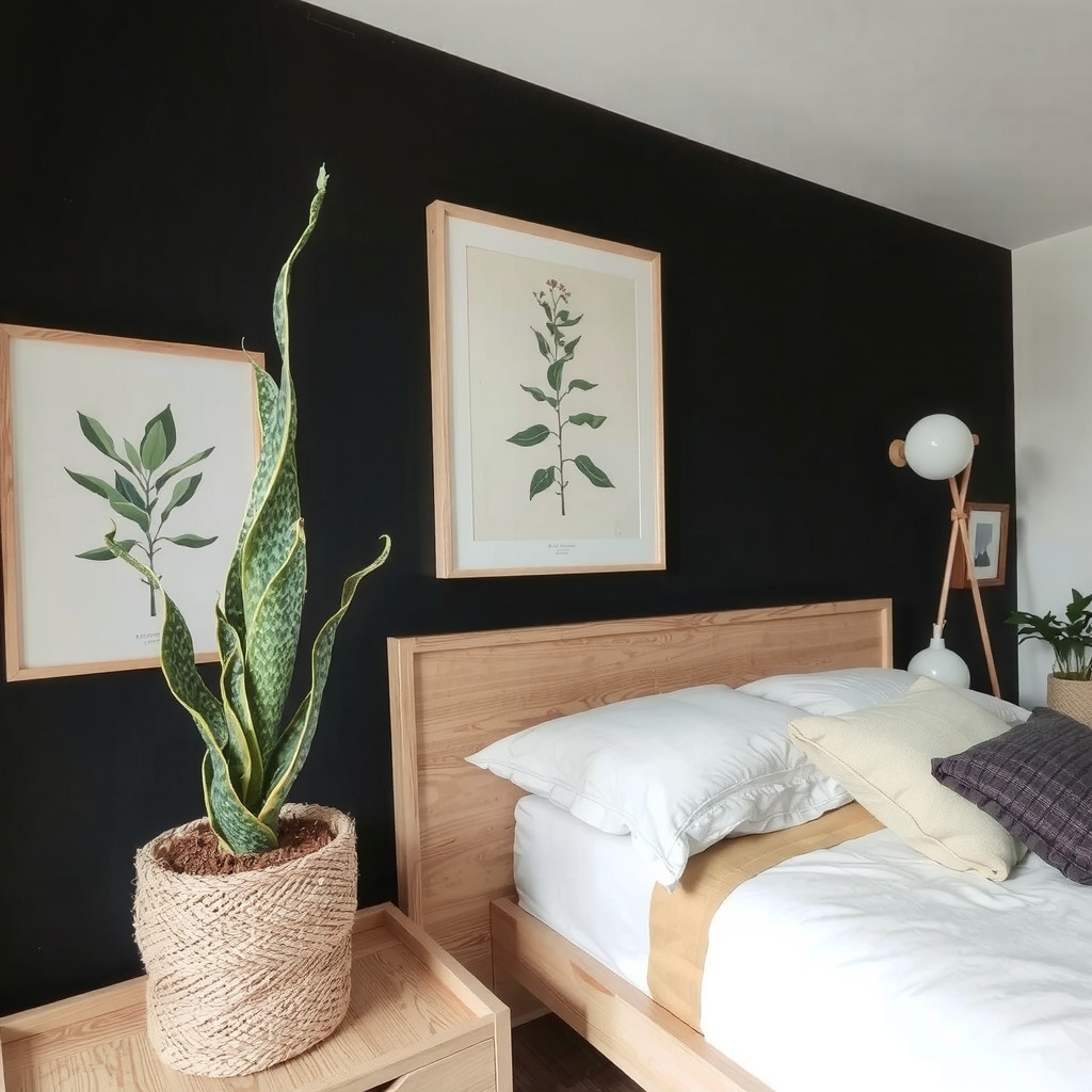 A dark bedroom with a potted snake plant and a botanical print