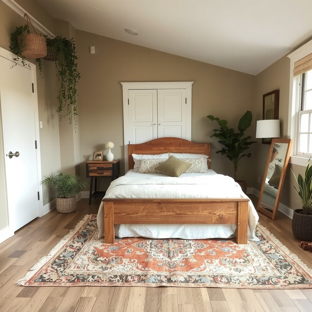 A bedroom with a bed placed away from the door and a plush area rug