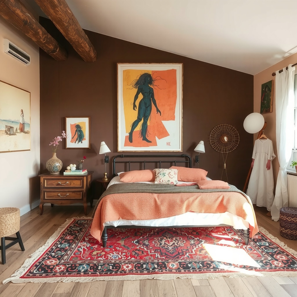 A bedroom with a statement piece of art and a colorful rug