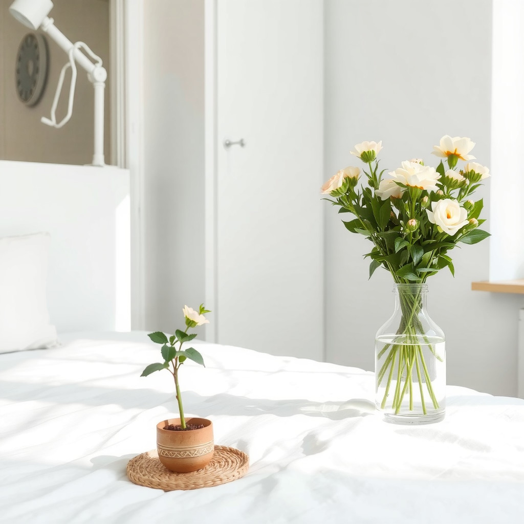 A bedroom with a small potted plant and a vase with fresh flowers