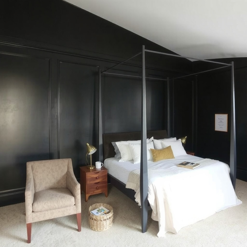 A minimalist dark bedroom with a four-poster bed