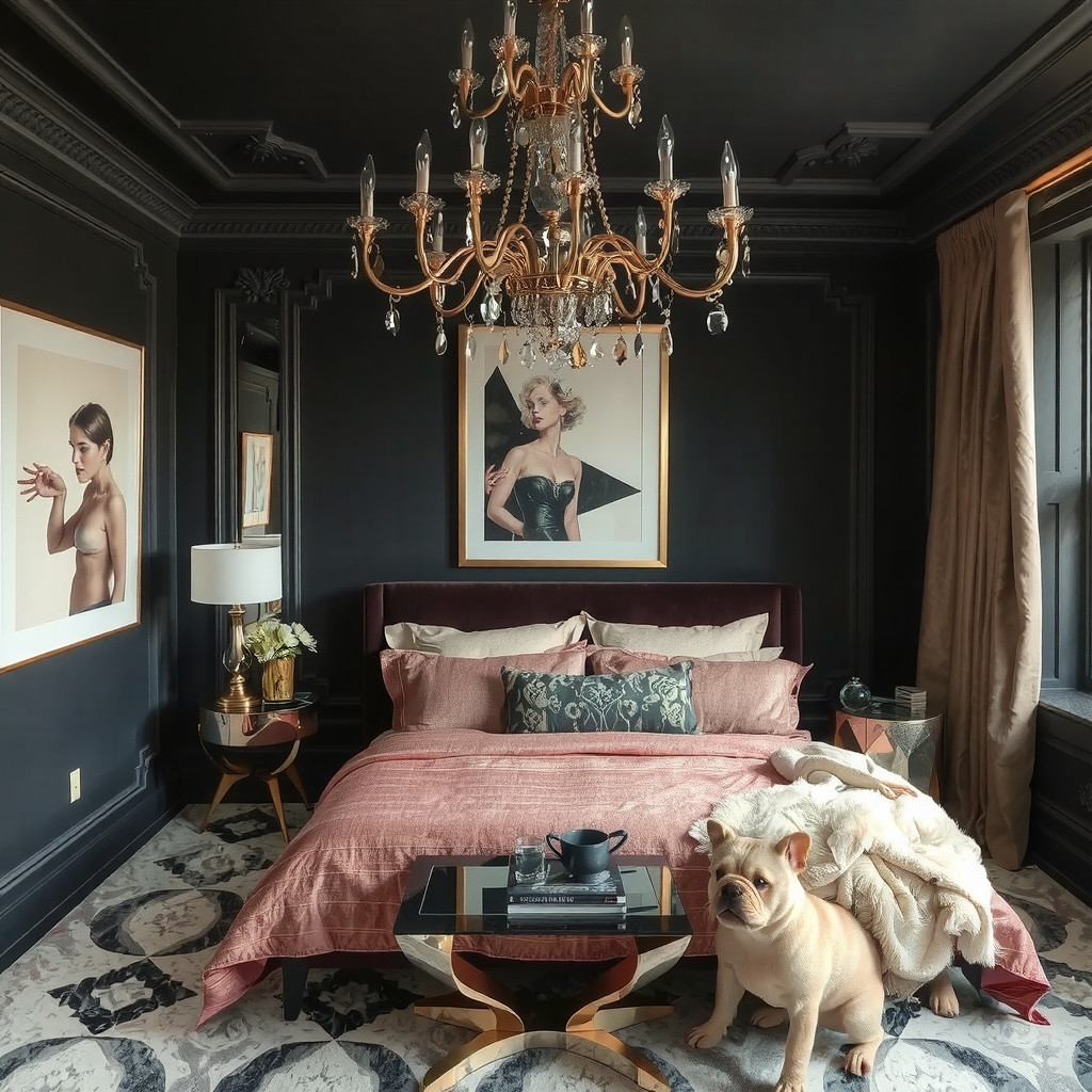 A dark bedroom with rich textiles and metallic accents