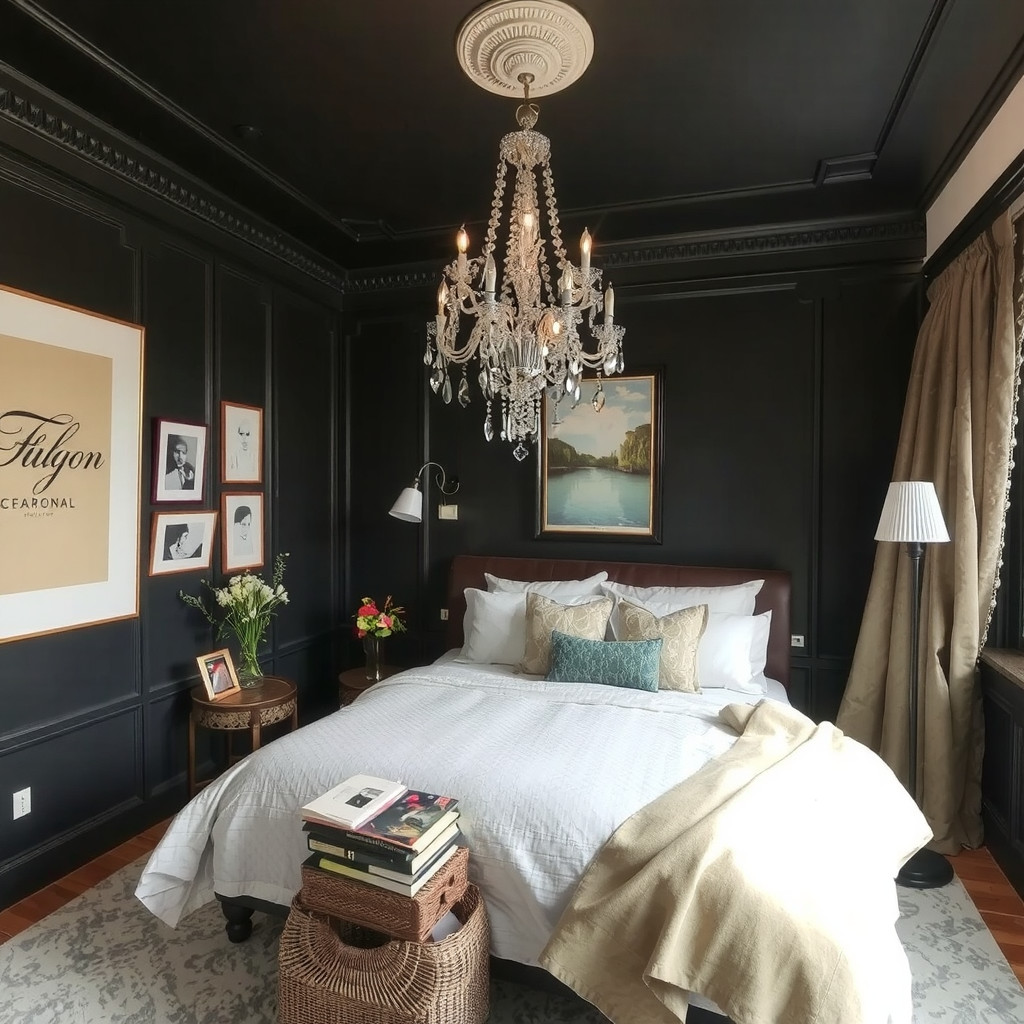 A dark bedroom with a statement light fixture