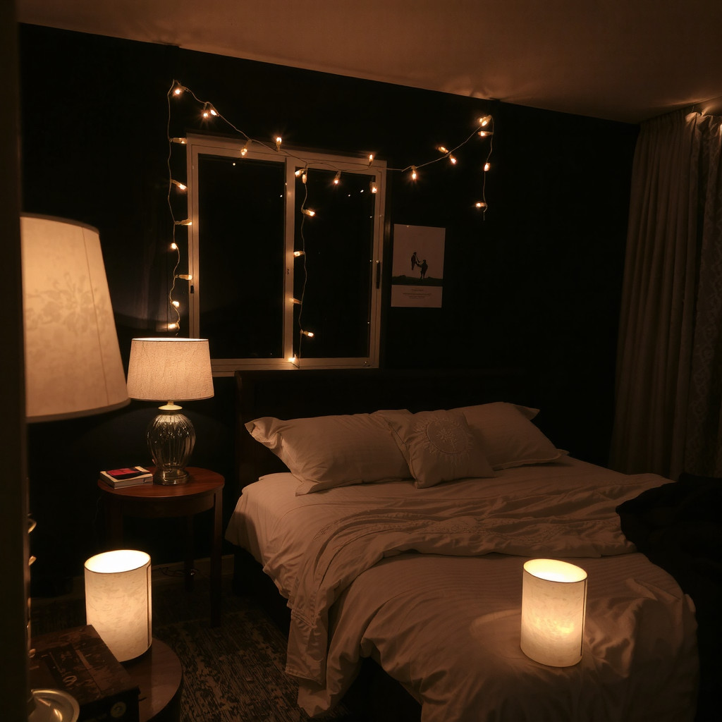 A dark bedroom with soft, warm lighting