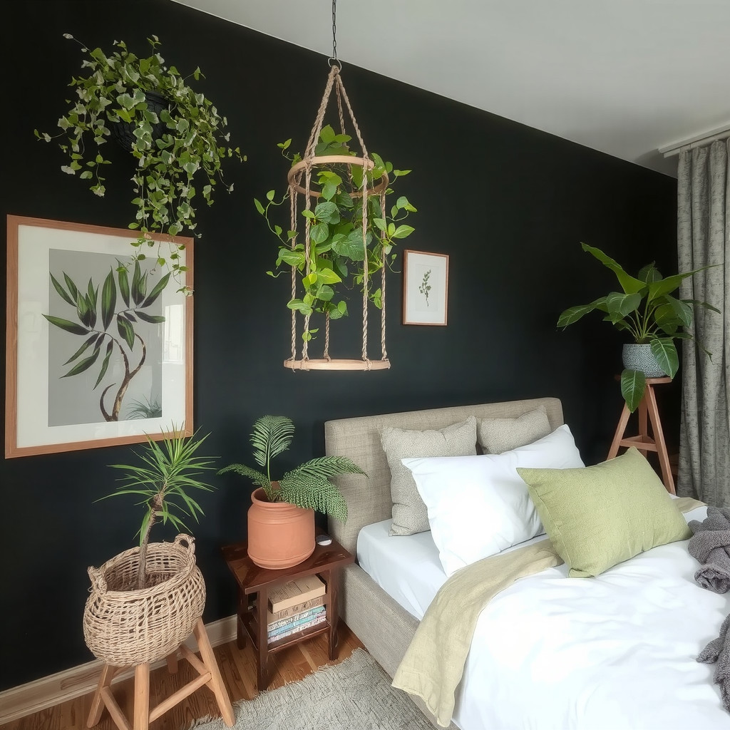 A dark bedroom with greenery