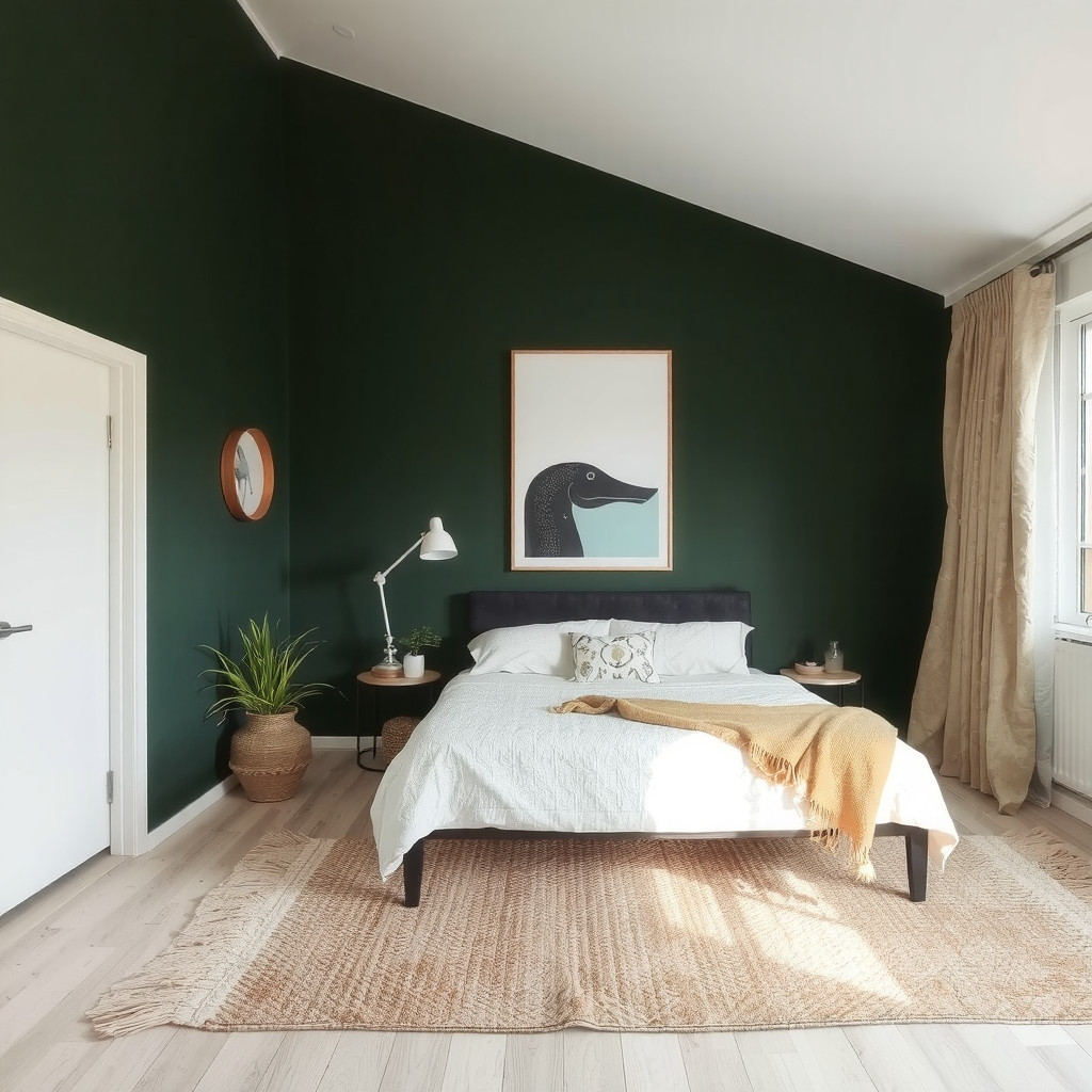 A bedroom with a dark green accent wall and a comfortable bed