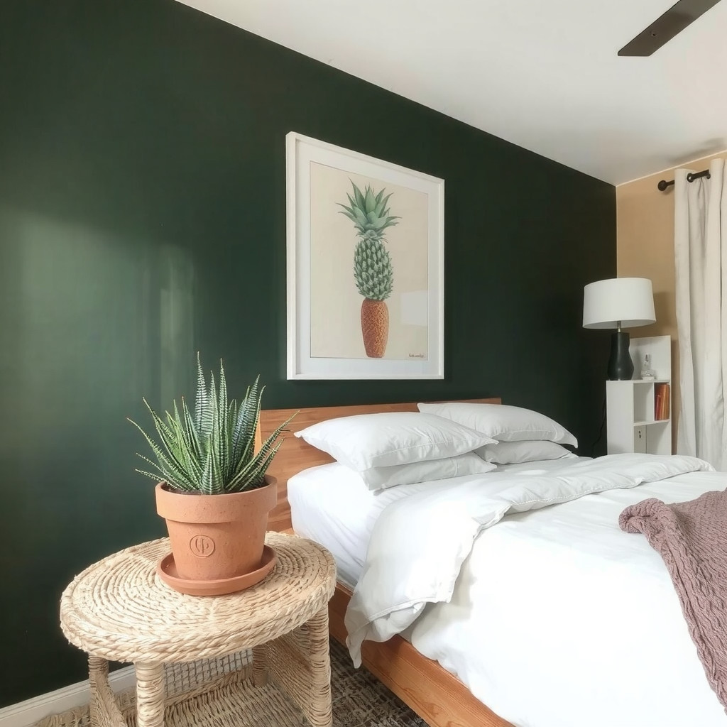 A bedroom with a succulent planter on the bedside table