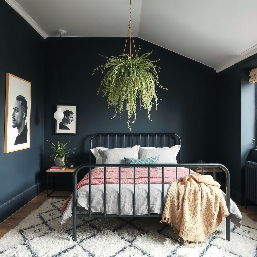 A dark bedroom with a hanging air plant above the bed