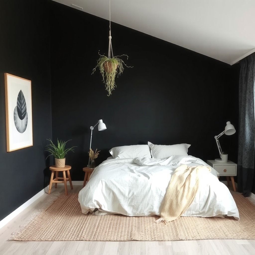 A dark bedroom with a bed against a black wall