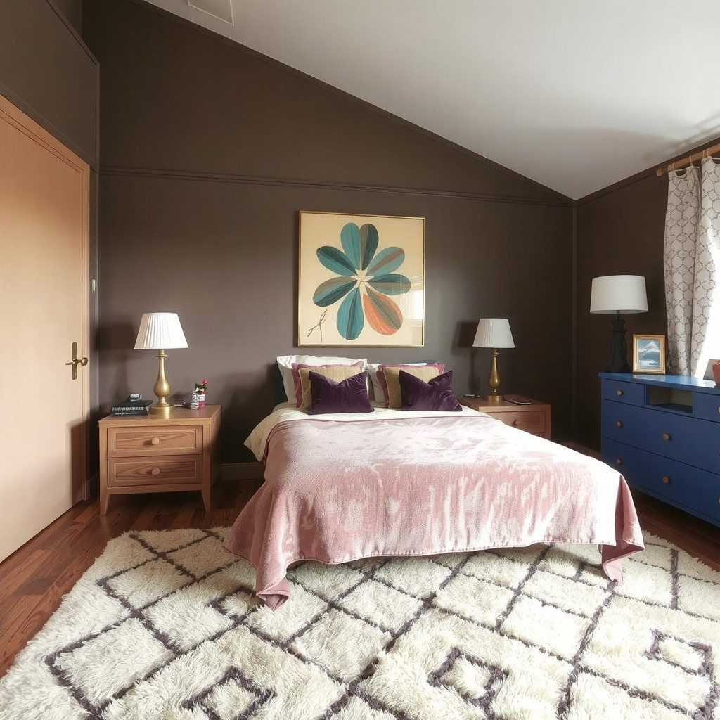A bedroom with a velvet bedspread and a plush area rug