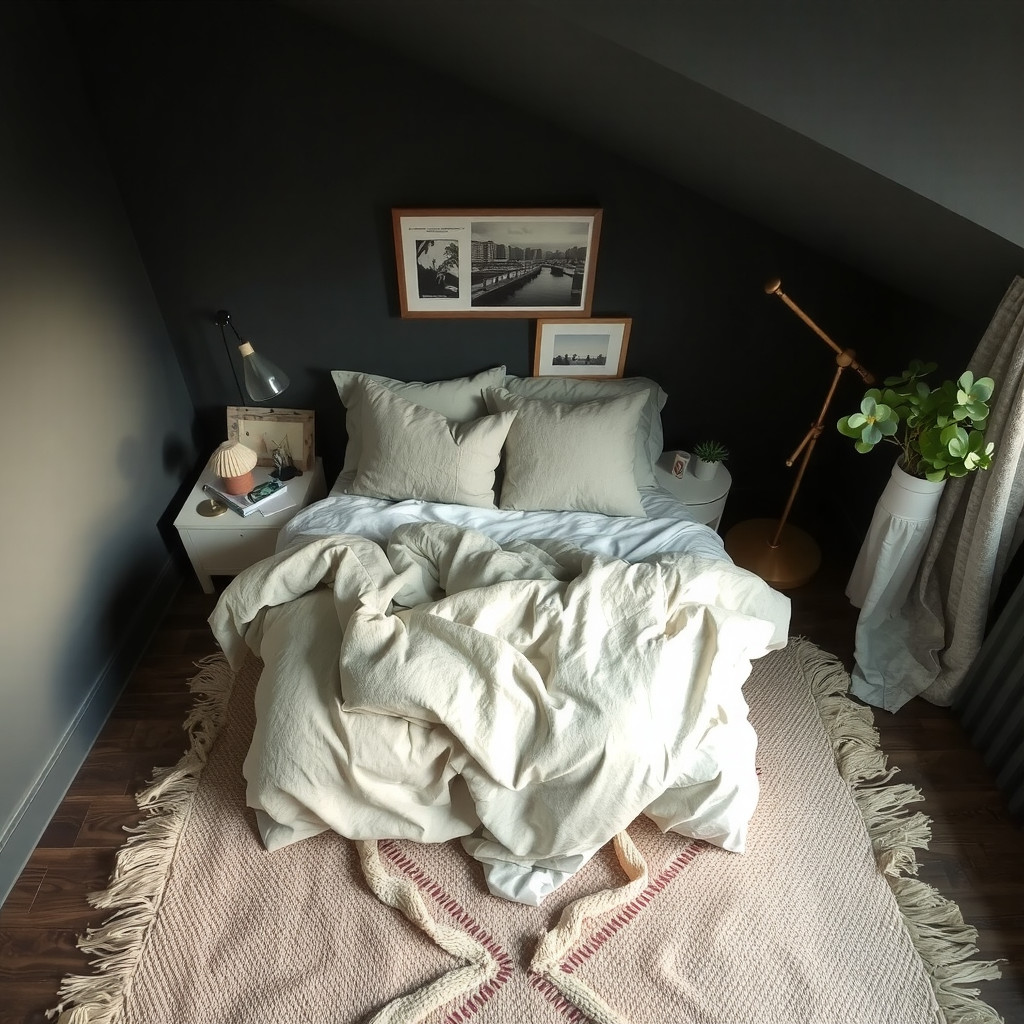 A dark bedroom with a linen duvet cover and a natural fiber rug
