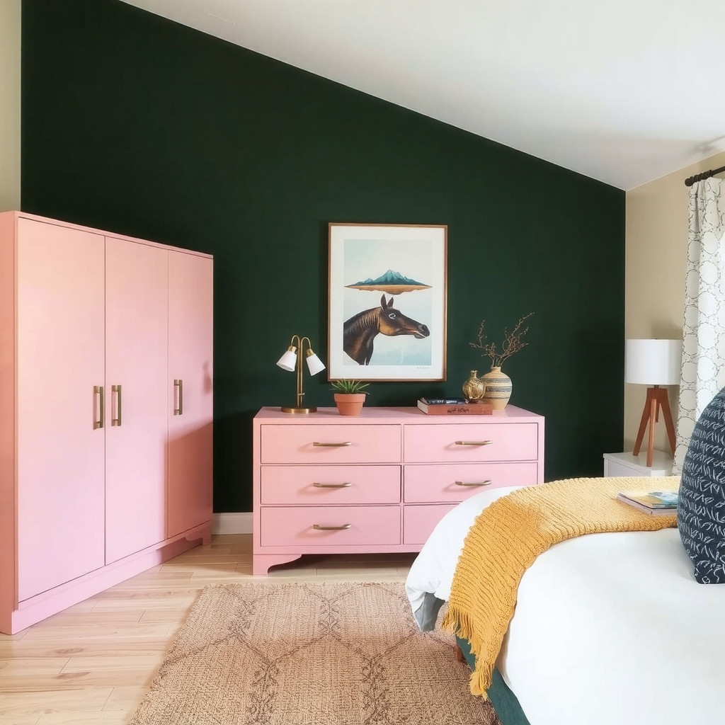 A bedroom with a bold-colored dresser as a focal point