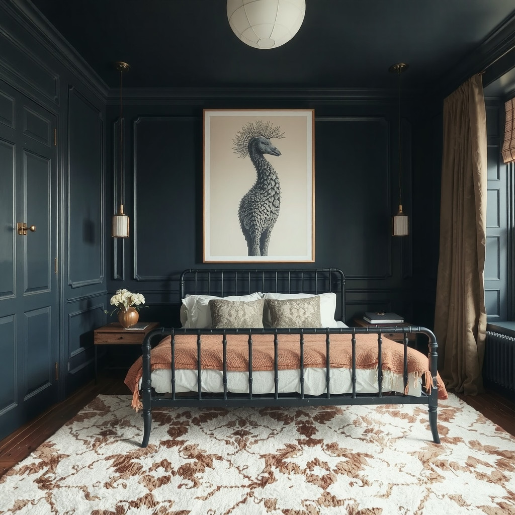 A dark bedroom with a unique piece of artwork above the bed