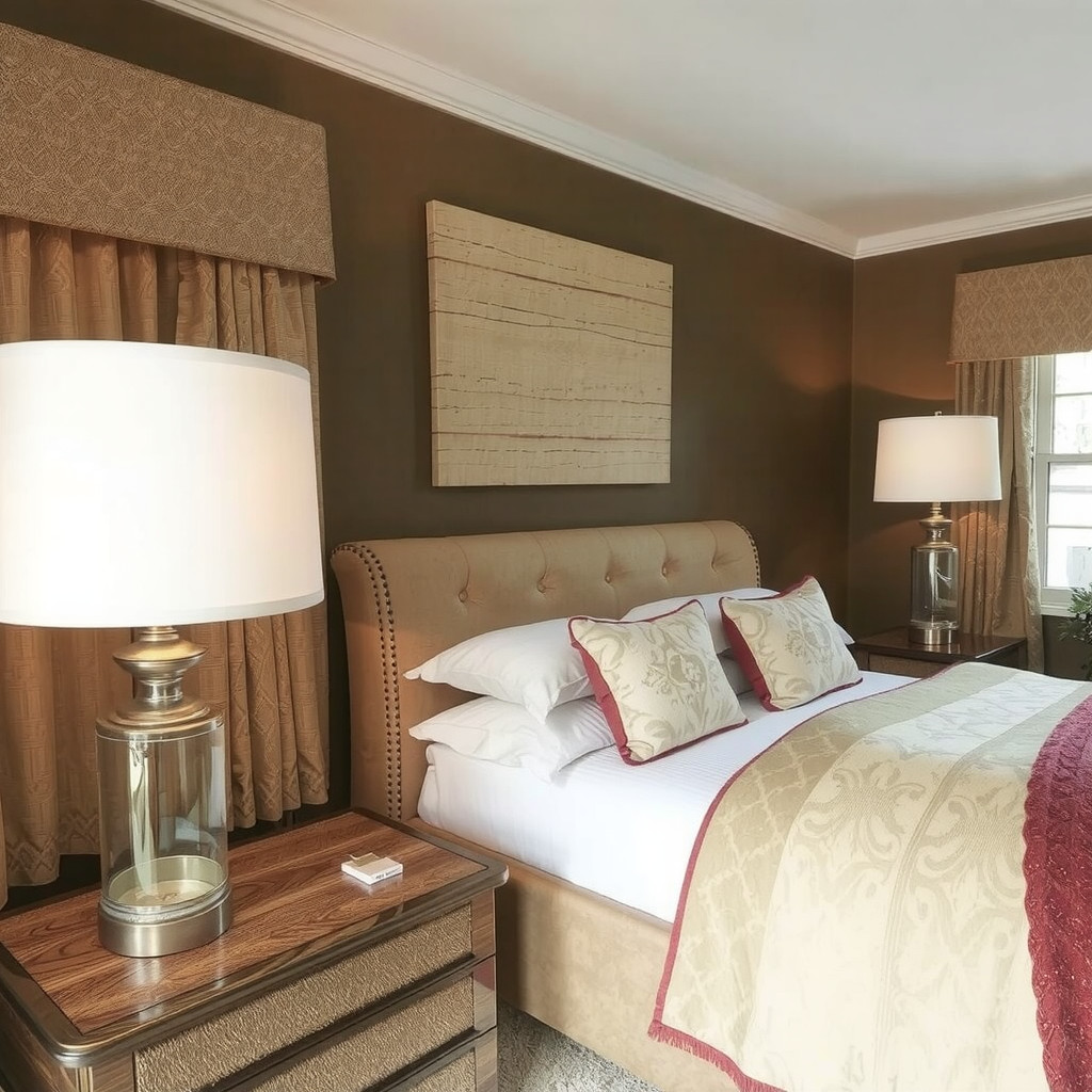 A bedroom with table lamps and soft shades