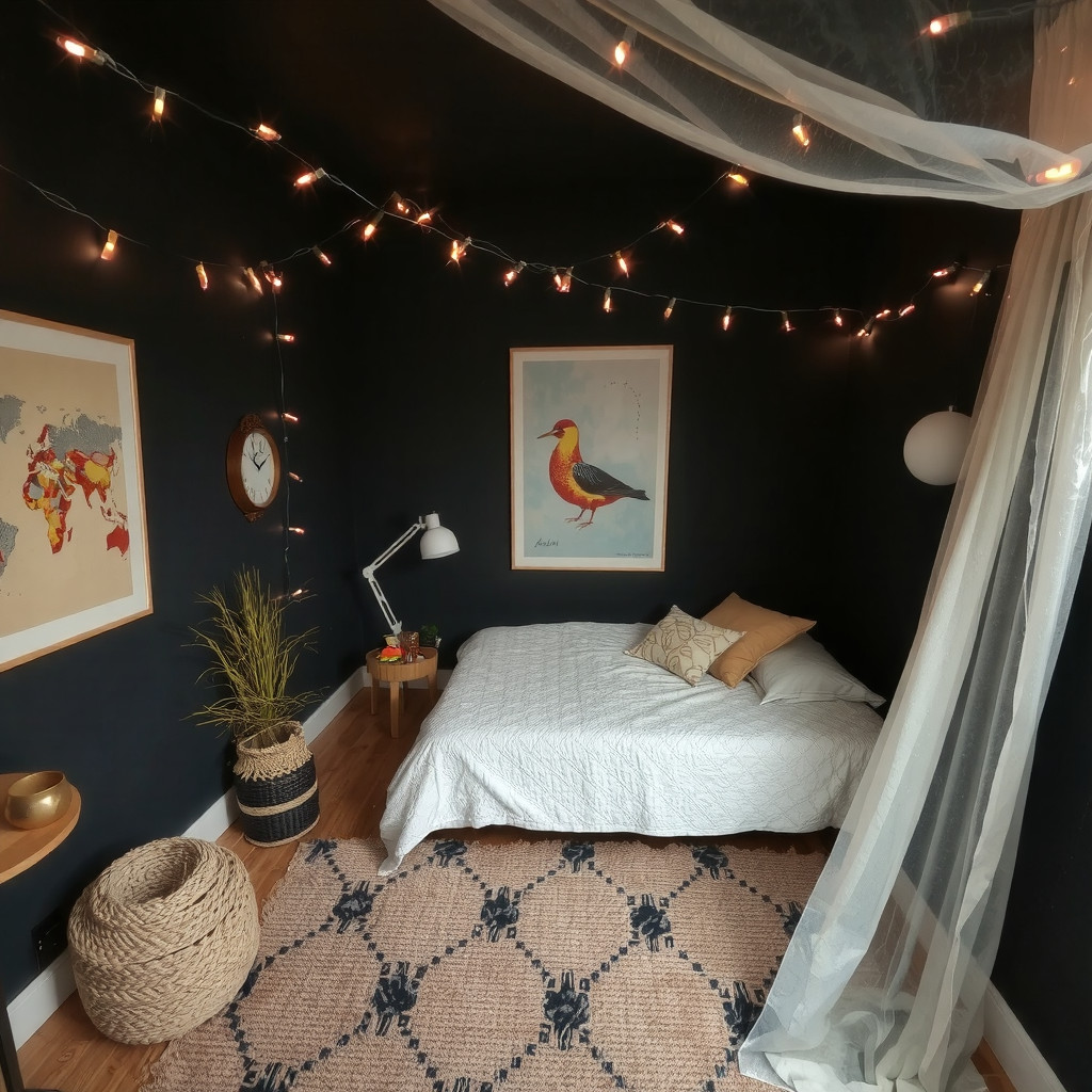 A dark bedroom with string lights and a cozy atmosphere