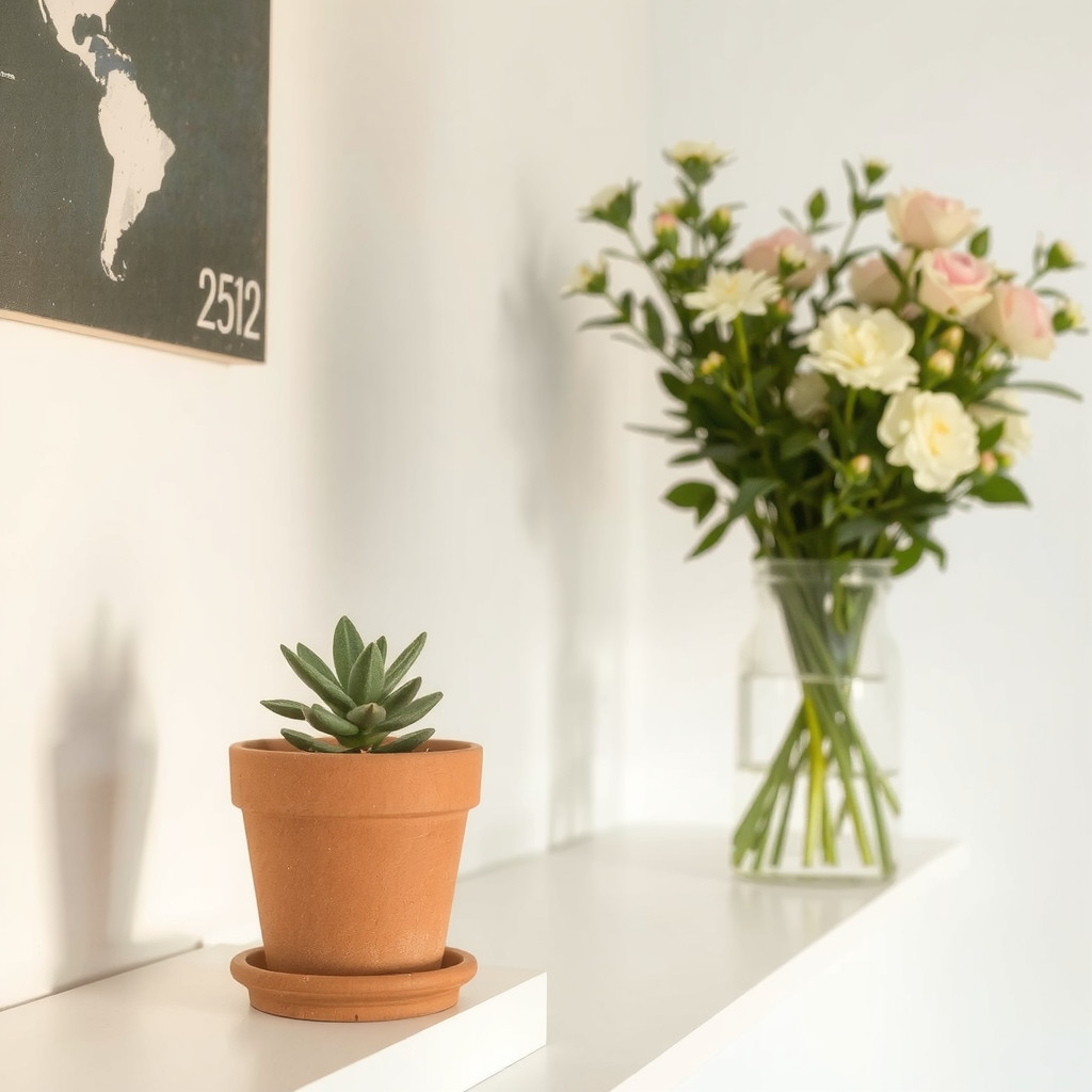 Small potted plants on shelf