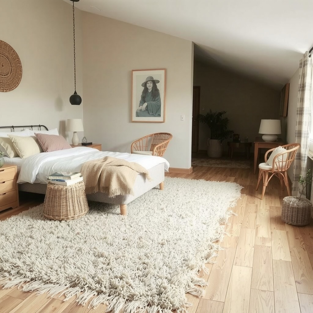 Bedroom with a plush carpet and wooden flooring