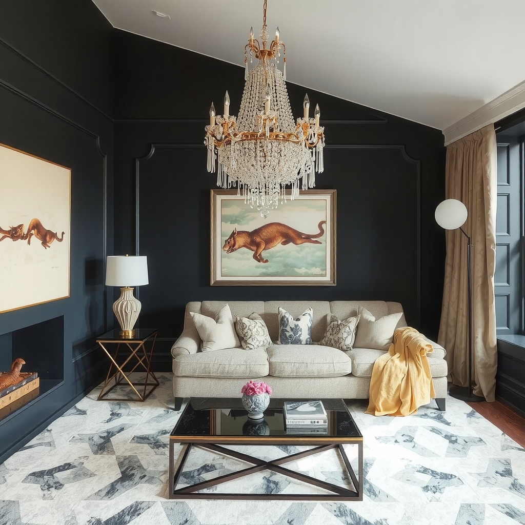 Living room with a statement chandelier
