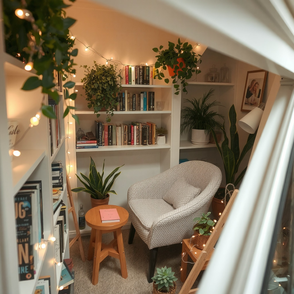 Cozy reading nook with string lights