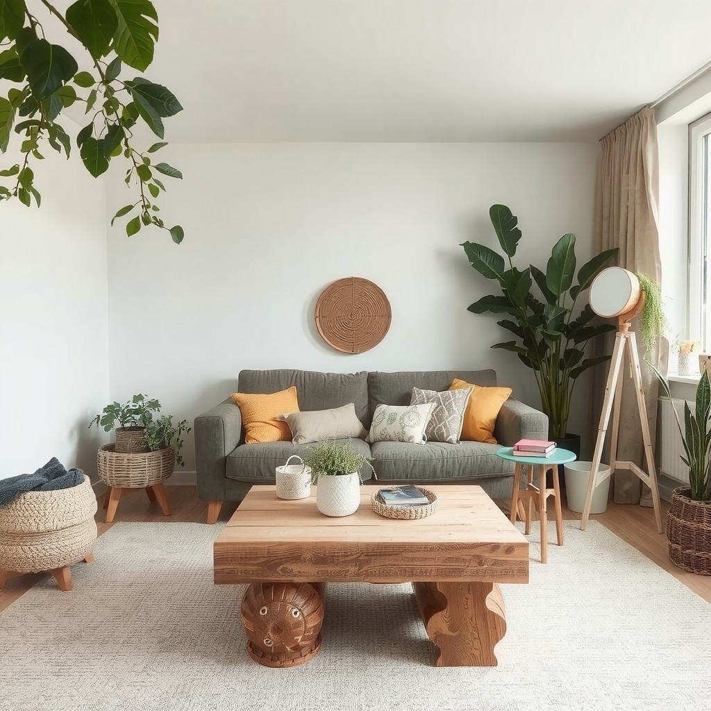 Sustainable living room with recycled materials