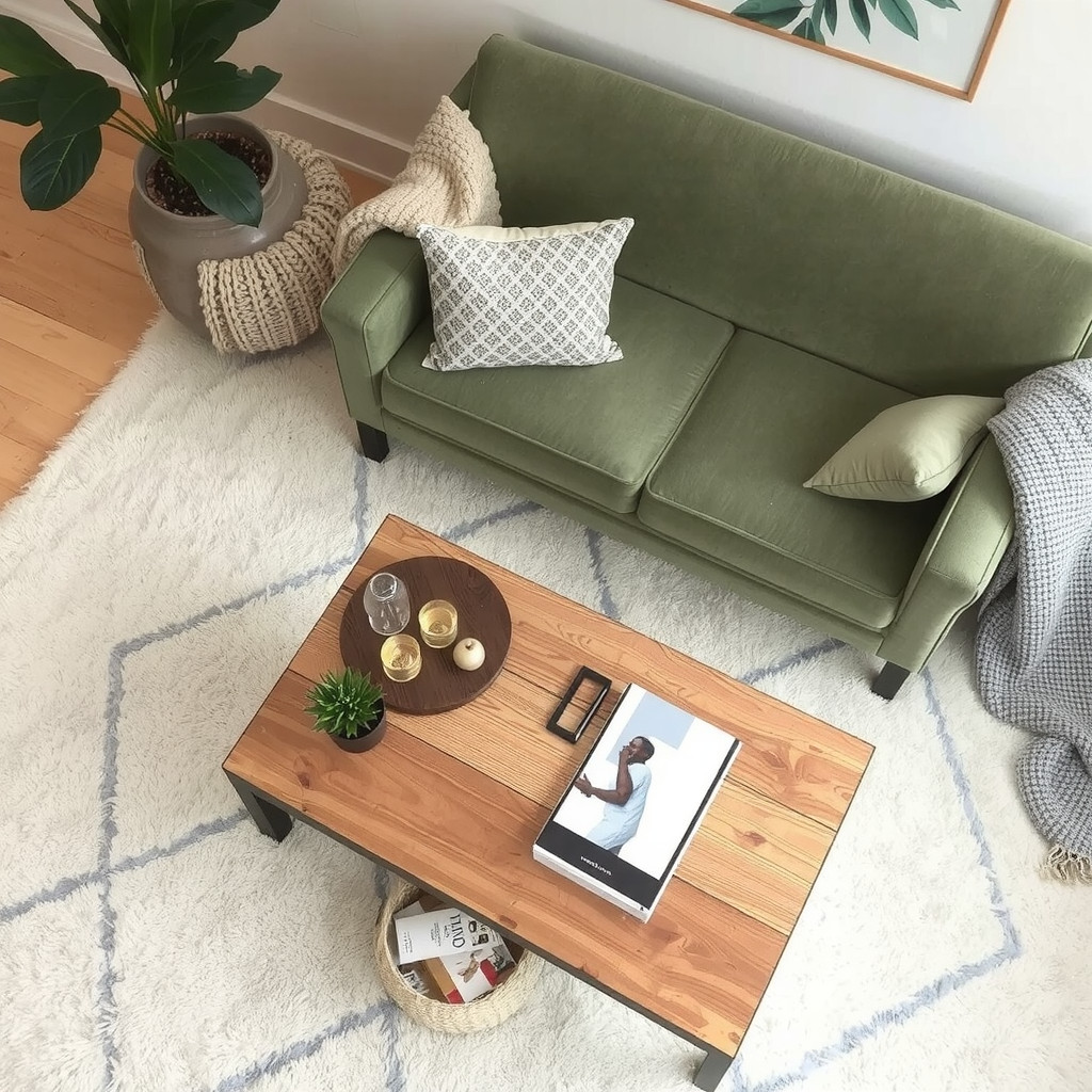Living room with a plush area rug and velvet sofa