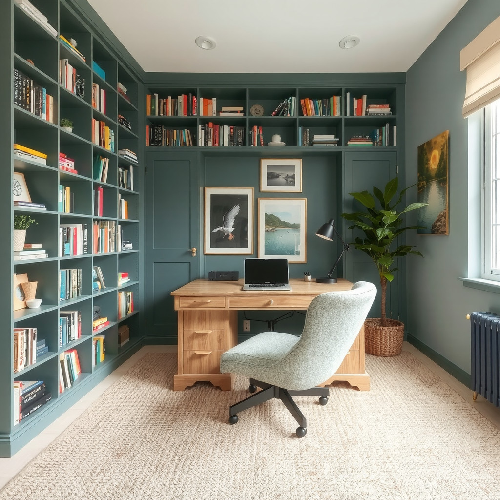 Home office with a floor-to-ceiling bookshelf