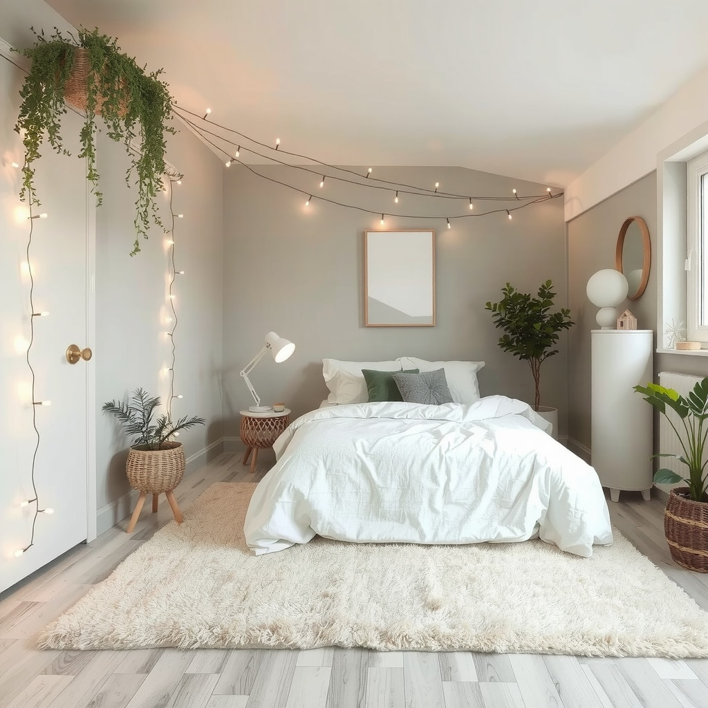 Cozy bedroom with string lights