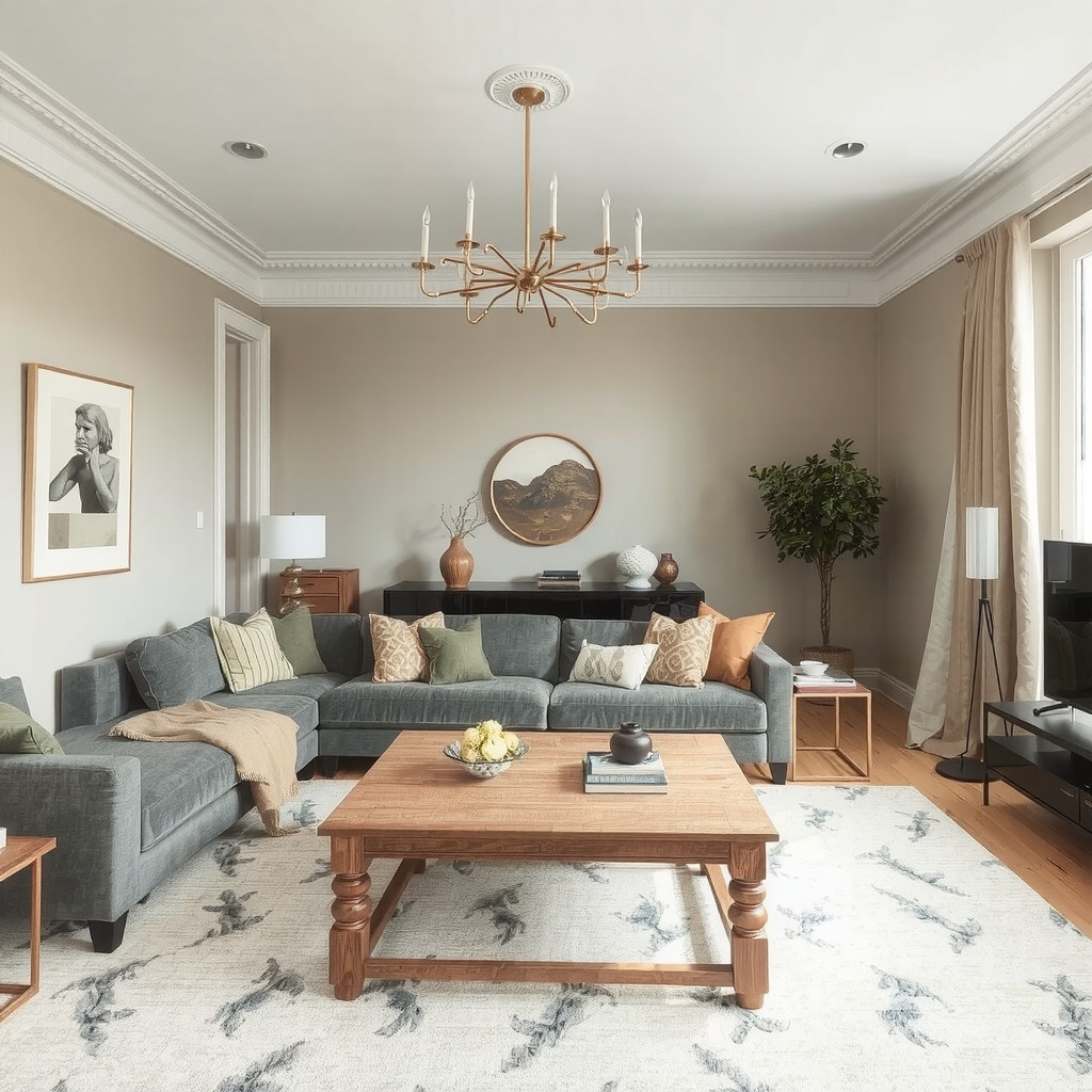 Living room with a sectional sofa and a wooden coffee table